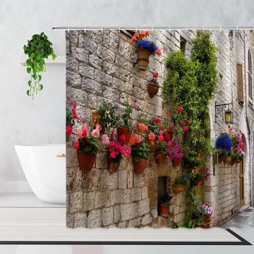 Retro Door Window Flowers Alley Scenery Shower Curtain Beautiful Street View Garden Home Decor Waterproof Bath Curtains Set