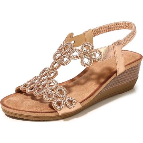 Woman Sandals 2021 Summer Bohemia Rhinestones Chains Wedges Shoes Platform Crystal Gladiator Rome Woman Beach Sandals Shoes