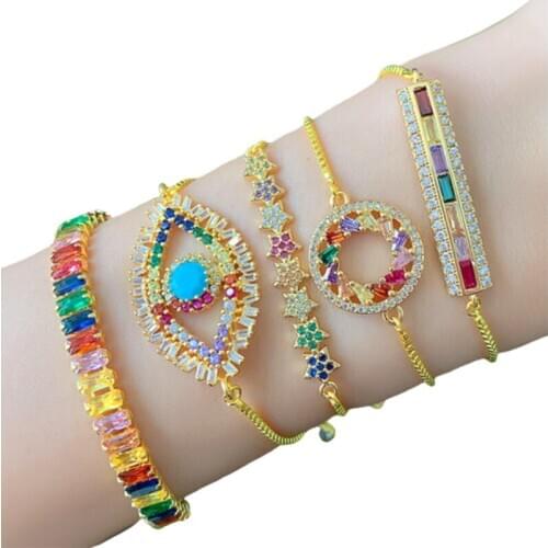 Women Bracelet Evil Eye Round Gold Silver Color Chain T CZ Paved Rainbow Luxury Jewelry Bracelets Star Geometric Rectangle 333