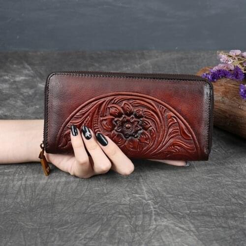 Genuine Leather Womans Wallet Long Hand-held Foreskin Clip Bag Embossed Phone Clutch Ladies Card Holder Coin Purse
