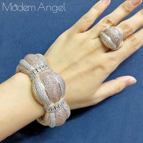 ModemAngel Luxury Big Delicate Bangle Ring Set For Women Full Micro Cubic Zircon charm bracelet bangle Ring pulseras mujer
