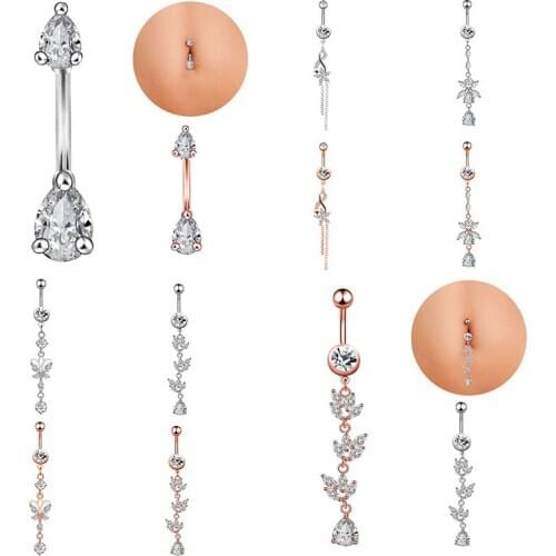 Sexy Dangling Navel Belly Button Ring Oreja 14G Double Round Cubic Zirconia 316L Surgical Steel Belly Piercing Jewelry