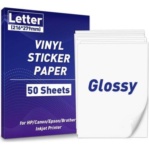 50 Sheets Glossy Paper Letter Size Vinyl Sticker Paper Adhesive Label Printable White Paper Sticker for HP Canon Inkjet Printer