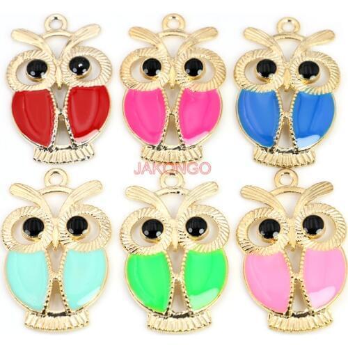 6pcs/lot Gold Color Enamel Colorful Owl Charms Pendants for Jewelry Making DIY Handmade Craft Accessories 34x21mm