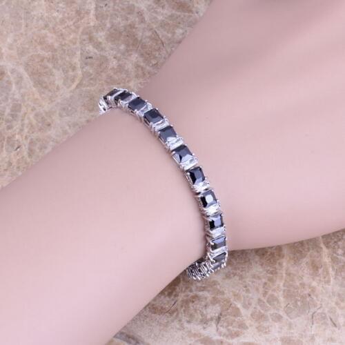 Black Cubic Zirconia White CZ Silver Plated Link Chain Bracelet 7 inch S0307