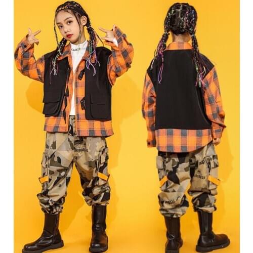 Children Drum Hip Hop dancing Clothing Plaid Shirt Camouflage Casual Pants for Girl Dance Costume Ballroom Party Clothes Wear