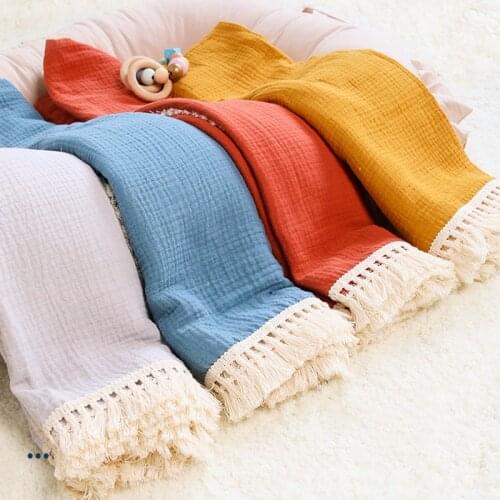 Happyflute 2Layers Skin-friendly Muslin Swaddle 100% Cotton Solid color Fringe Lace 2 Baby Blanket