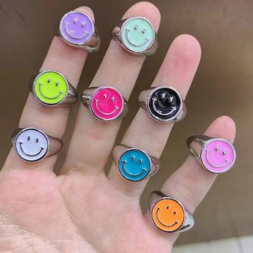 10Pcs Enamel Smiling face Ring Wedding Gold Silver Color Rings for Women brass material Top quality Jewellery Gifts Adjustable