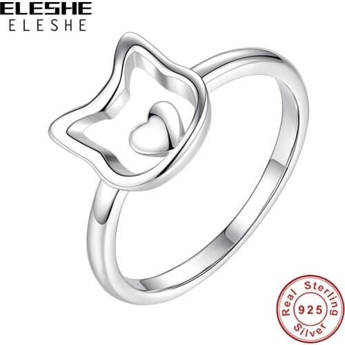 ELESHE Solid Pure 925 Sterling Silver Cute Cat Finger Rings for Women Girls Small Heart Band Rings Silver 925 Jewelry Party Gift