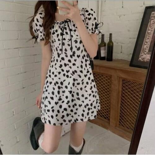Summer Dresses Female 2021 Summer Cow Pattern Sweet Casual Dresses French Niche A-LINE Puff Sleeve Square Collar White Dress