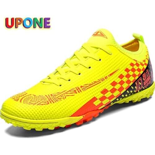 New Yellow Turf Sneakers Men Orang Printing Indoor Men Soccer Shoes Fashion Comfort Low Top Men Football Shoes Zapatos De Fútbol