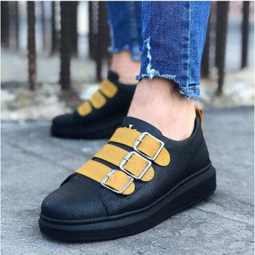 BOA Men Casual Shoes Black Color Yellow Ring Buckled High White Sole Spring Autumn Men 'S Fashion Original Design WG050