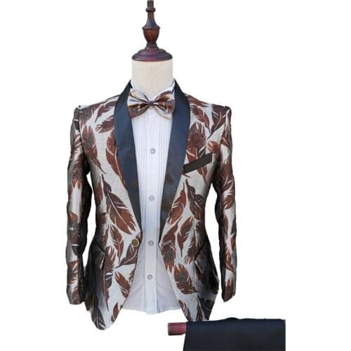 2021 Mens Feather Jacquard Slim-Fit Professional Leisure Side Slit Banquet Suit Two Pieces