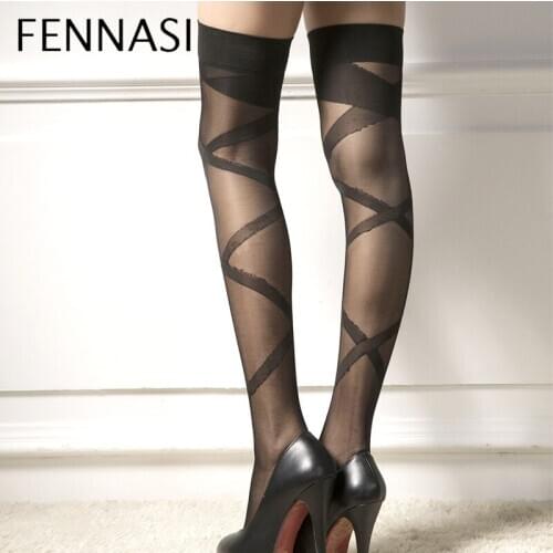 FENNASI Sexy Black Striped Stockings Female Erotic Womens Fashion Nylon Over Knee Socks Thigh High Long Stockings Lolita