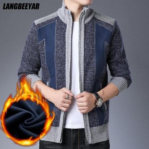 Thick Velvet Warm Brand Casual Fashion Patchwork Knitted Cardigan New Mens Winter Jacket Stand Collar Zip Up Windbreaker Coats