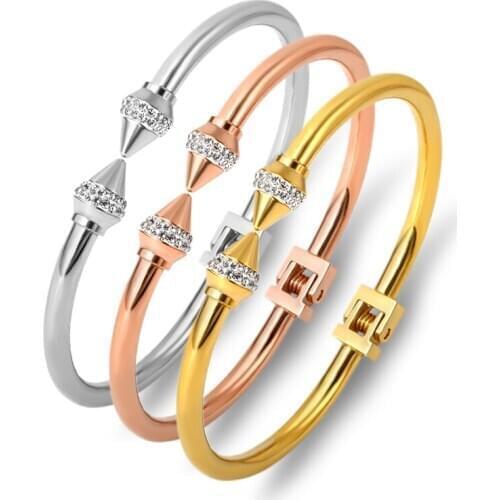 Luxury Brand Spike Rhinestone Cuff Bracelet Women Steel Gold Bangles Stainless Steel Fashion Pulseiras Gift Adjustable