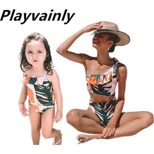 2020 new Parent Child Swimsuit European and American Girls One Piece Plantain Leaves Floral Swimwear E806