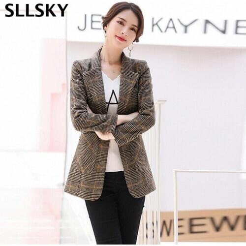SLLSKY Plaid Women Blazers Turn-Down Collar Long Sleeve Slim Short Suit Business Office Clothes 2020 Autumn New Fashion Blazer