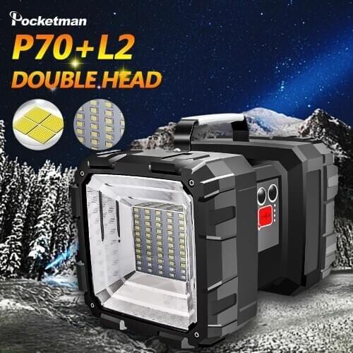 Super Bright Double Head LED Flashlight Searchlight USB Rechargeable Spotlight Flood Light Work lamp Outdoor Emergency Lamp