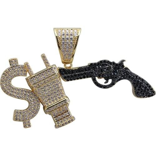 Hip Hop Jewelry 18k Gold Plated Zirconia Simulated Diamond Iced Out Chain Dollar Plug Pistol Combination Pendant Necklace