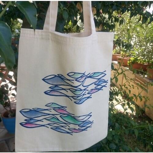 Womens Tote bag organic reusable cotton shoulder bag handmade hand painted gabardine foldable eko seamy block print