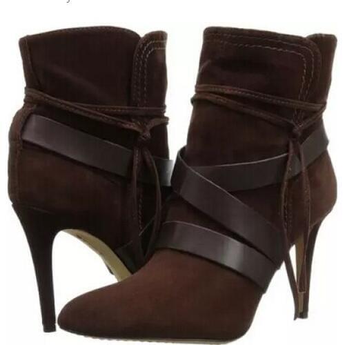 New designer dark browm high heel bootie women lace-up autumn winter boots wide strap side zipper ankle boots free shipping