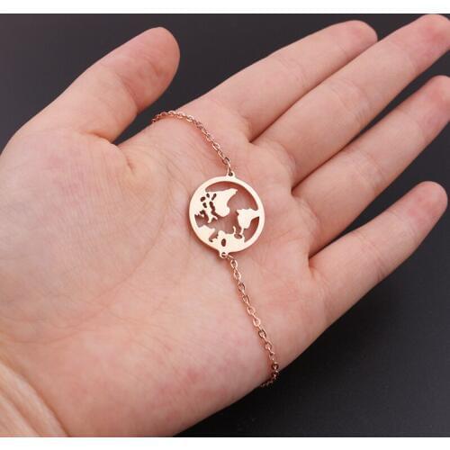 World Map Bracelets For Women Wanderlust Jewelry Rose Gold Color Stainless Steel Charm Bracelets