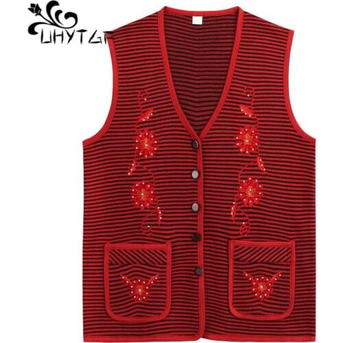 UHYTGF Women Sweater Vest Middle-Aged Elderly Female Cardigan Spring Autumn Sweaters Coat Knitted Sleeveless Thin Waistcoat 1749