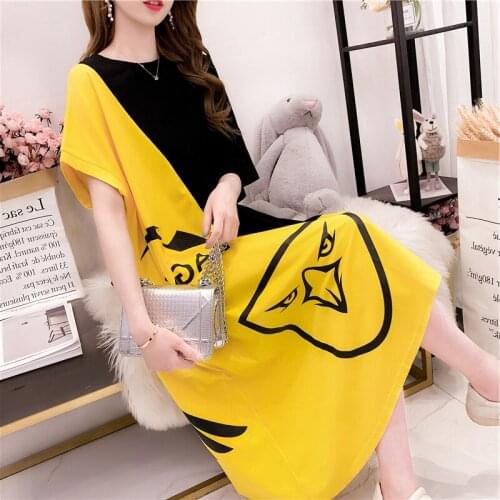 Plus Size Color Matching Cartoon Print Dresses for Women Cute Loose Casual Women‘s T-shirt Dress Short Sleeve Irregular Clothing