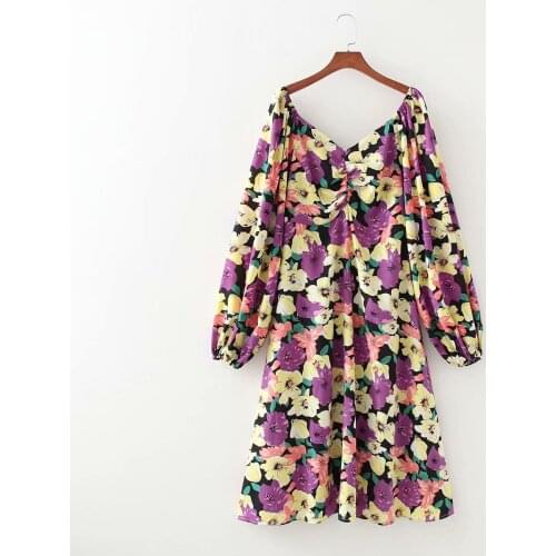 New Vintage Women Floral Printed Dress V-neck Elastic Shoulder Chic Lady Casual Midi Boho Dresses Woman Robe