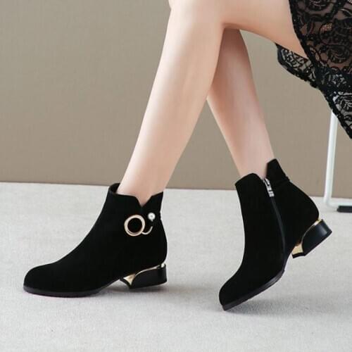 2020 Winter Women Ankle Boots Faux Black Flat Booties Suede Booties Dress Shoes Square Heel
