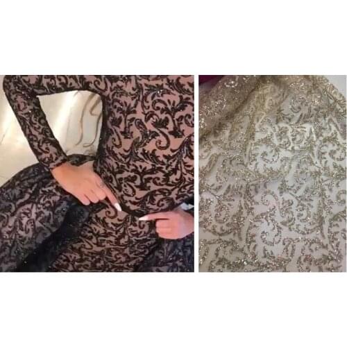 5yards hl900 champagne gold/black hand print glued glitter net mesh lace for sawing/lady dress