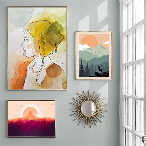 Abstract Women Sun Mountain Forest Deer Canvas Painting Figure Line Drawing Wall Art Pictures Landscape Poster Print Home Decor