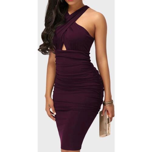 Adogirl Sexy Criss-Cross Halter Women Skinny Midi Dress Solid Pleated Party Club Dress Sensual Hollow Out Slim Dress Vestido