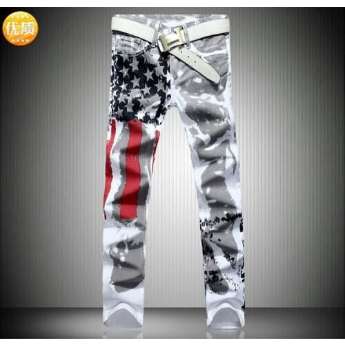 Plus Size Punk Graffiti White Jeans American Flag Printed Jeans Stretch Denim Trousers Street Wear hip-hop Fashion Big Pants