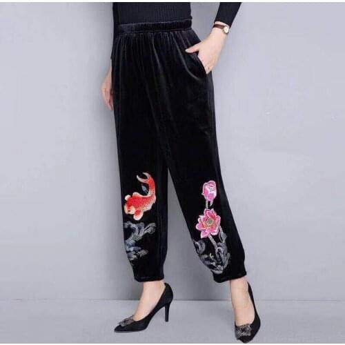 Women Pants Midelderly Mom Spring Autumn Gold Velvet Embroidery Female Casual Trousers Older People Loose Oversized Bloomers W74