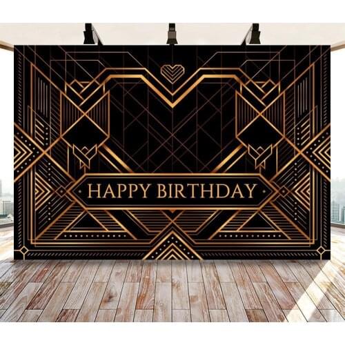Happy Birthday Party Backdrop Black And Gold Great Gatsby Banner Abstract Decoration Background Photo Booth Stuio Shoots