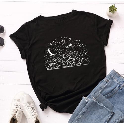 Graphic T Shirts for Women Cotton Short Sleeve Tee Female Shirt Tops Summer Casual Print Clothes Gifts Moon Star Mountain Night