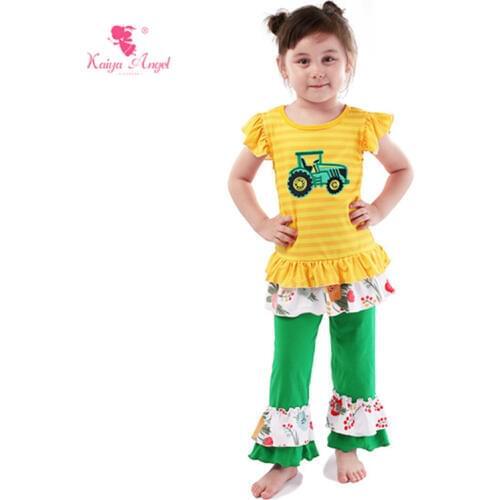 Kaiya Angel Toddler Girls Summer Clothing Set Stripe Tops With Truck Printing ruffled cuff Green Trousers Boutique Kids Outfits