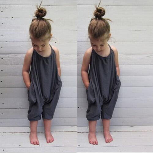 Fashion Summer Newborn Kids Baby Girls Halter Sleeveless Romper Jumpsuit Harem Pants Trousers Solid Loose Clothes 2-8Y