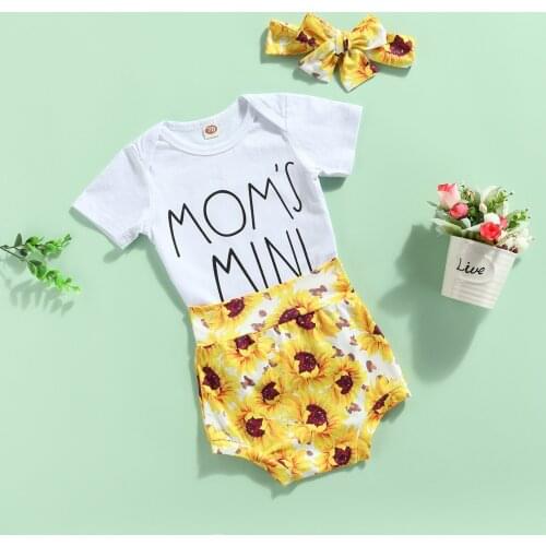Newborn Baby Girl Clothes Set Letter Short Sleeve Bodysuit Tops Sunflower Printed Shorts Bow Headband Summer Baby Outfit