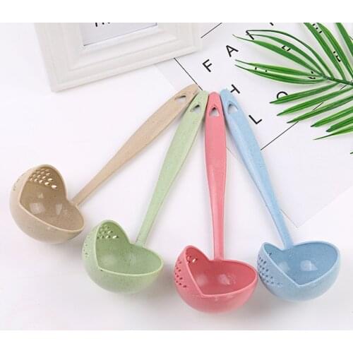 2 in 1 Wheat Straw Soup Spoon Long Handle Porridge Spoons Filter Home Cooking Tools Kitchen Accessories