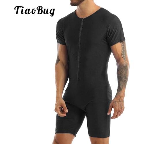 Mens High Cut Singlet Wrestling Dance Leotards Gymnastics Solid Front Zipper Bodysuit