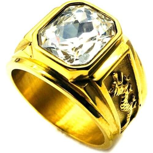 Stainless Steel Dragon Totem Gold Ring for Men Navy Blue and White Rhinestone Rings R-031