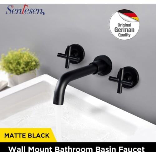 Senlesen Basin Set 3 hole Chrome /Nickel/Black Brass Double Cross Handle Wall Mounted Bathroom Sink Faucet Hot Cold Tap In-Wall
