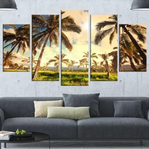 Wall Art 5 Pieces Coconut Grove Poster HD Prints Sunshine Grass Canvas Painting Modular Landscape Pictures Home Decor Bedroom