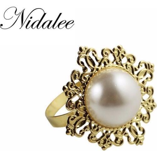 Nidalee Pearl Metal Gold Silver Napkin Rings Flower For Bulk Weddings Blue Kitchen Holder Banquet Dinner Diamond Decor 12pcs
