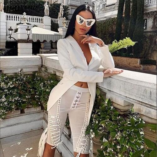 2019 New Fashion WomenS Summer Two-Piece Suit 2 Piece Suit Black White Coat Sexy Backless Hollow Bandage Suit Lace Luxury Suit