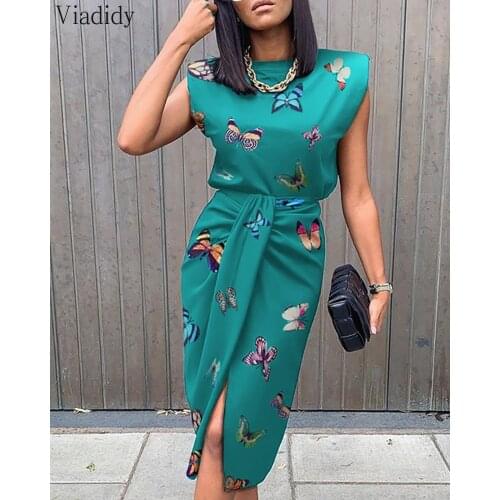 Butterfly Print Sleeveless Top & Slit Skirt Sets Women Elegant Slim Fit Two Piece Outfit