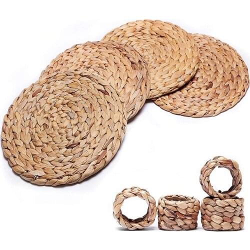 Woven Placemats - Natural Water Hyacinth Seagrass Woven Placemats, Round And Thick - Set Of Matching Napkin Rings